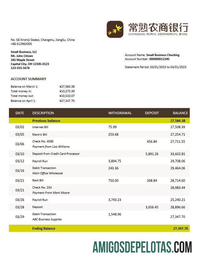 Imprimível Changshu Rural Commercial Bank Firm modelo de extrato de conta Word e PDF